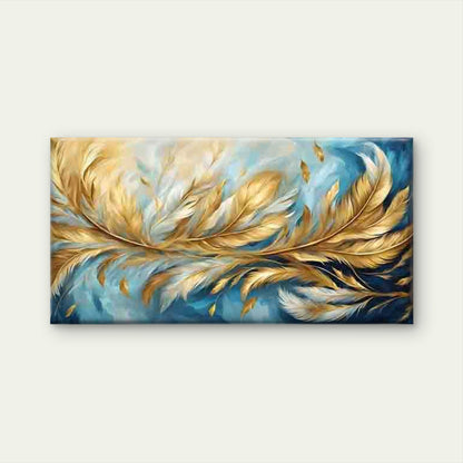 Golden Feathers Blue Background Wall Art Canvas Office Home Room Framed 120x60cm - Bella Home Decor