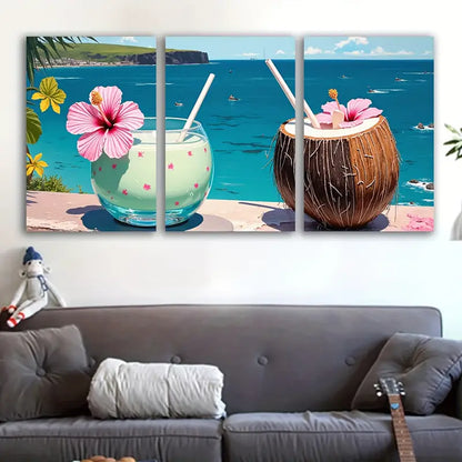 3pcs Coconut Tropical Beach Poster Wall Art Set Canvas Framed 40x60cm - High Quality Print 100% Australian Made Wall Canvas Ready to Hang - Bella Home Decor