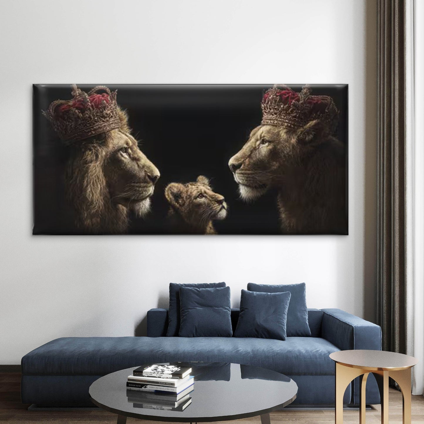Majestic Crowned Lions, Vintage Wildlife Wall Art Canvas Office Home Room Framed 120x60cm