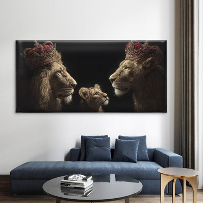 Majestic Crowned Lions, Vintage Wildlife Wall Art Canvas Office Home Room Framed 120x60cm