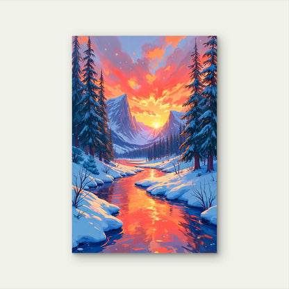 Snowy Mountain Sunset River Winter Wood 40x60cm Metal Print Ready to Hang