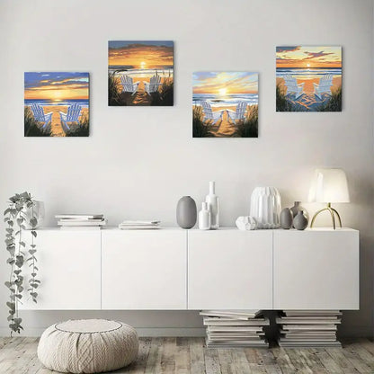 4pcs Beach Chairs Coastal Sunrise Wall Art Canvas Framed