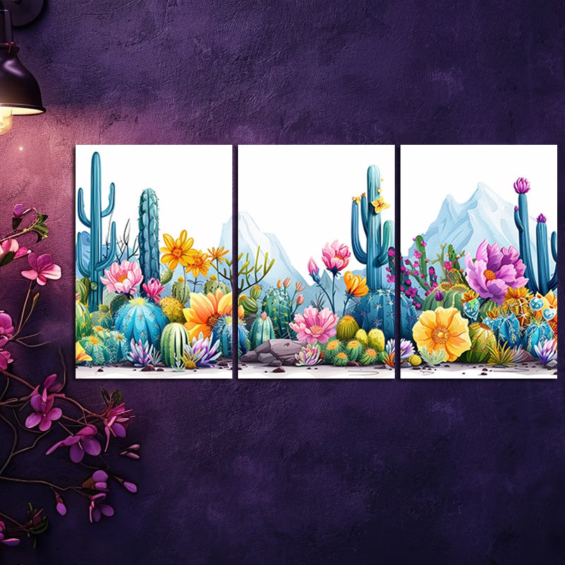 3pcs Colorful Cacti Illustration Wall Art Set Canvas Framed 60x90cm - High Quality Print 100% Australian Made Wall Canvas Ready to Hang - Bella Home Decor