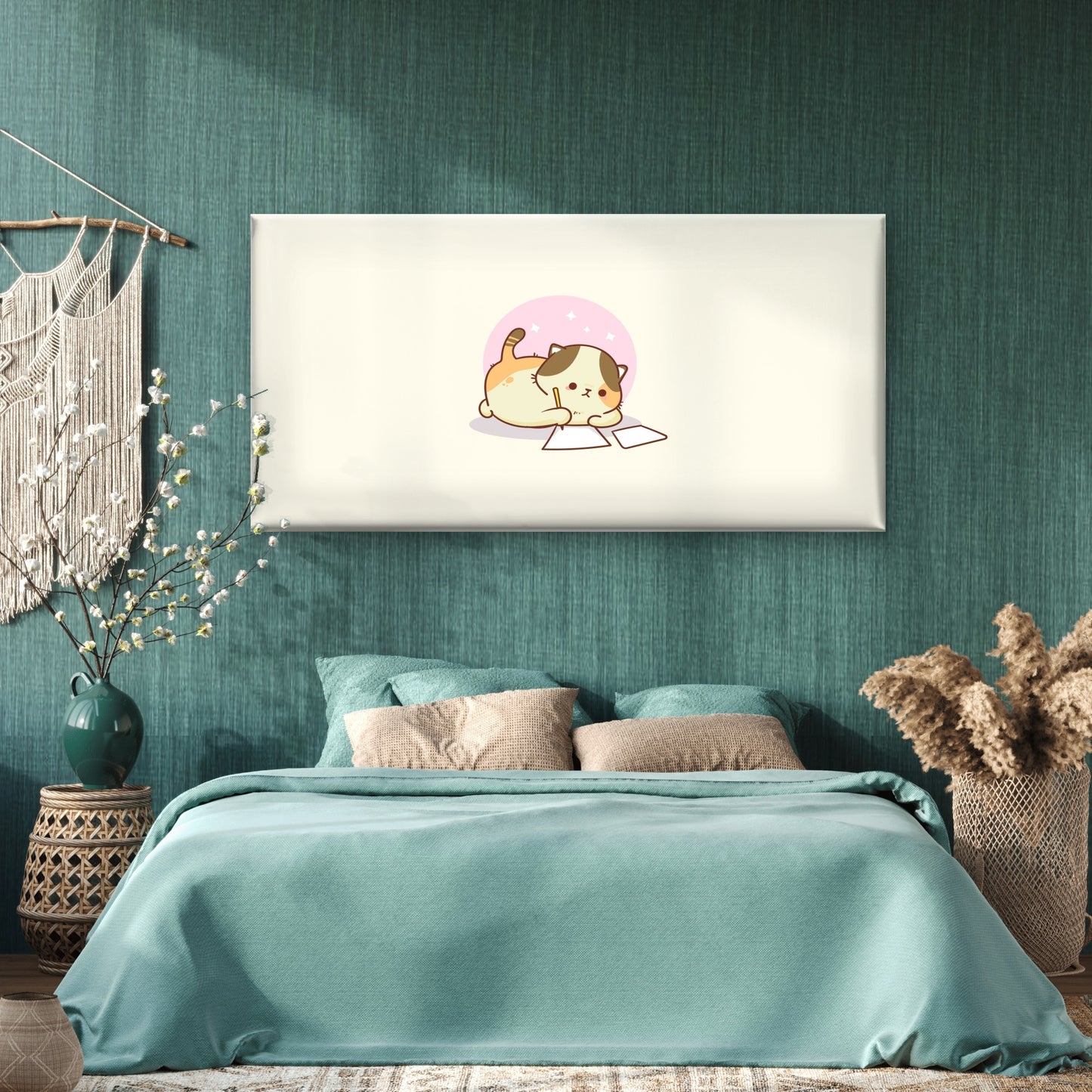 Writing Calico Cat Pastel Cream Wall Art Canvas Office Home Room Framed 120x60cm