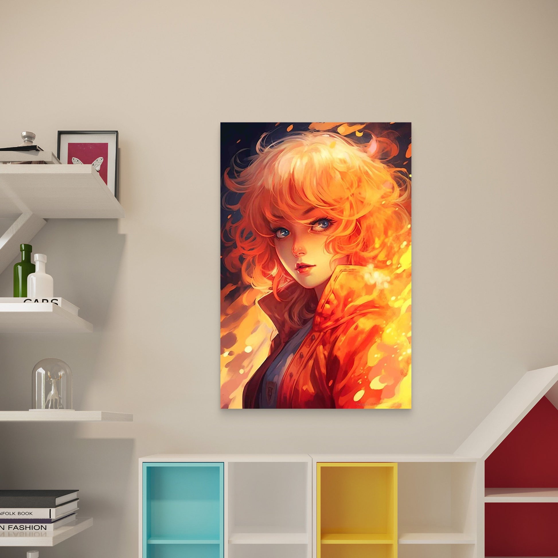 Anime Style Character With Fire Flames 60x90cm Metal Print Ready to Hang - Bella Home Decor