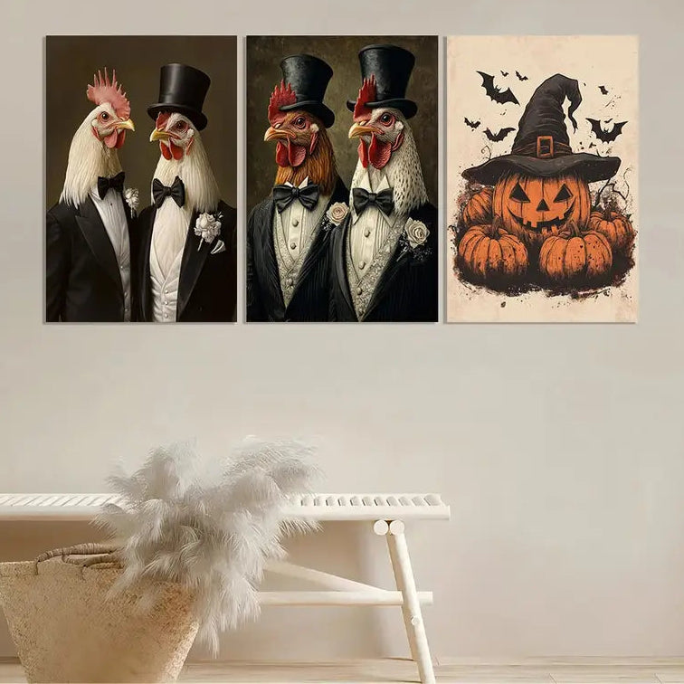 3pcs Chickens in Suits and Halloween Pumpkins Metal Print Ready to Hang Art - Bella Home Decor