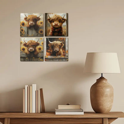 4pcs  Baby Highland Cow Wall Art Canvas Framed
