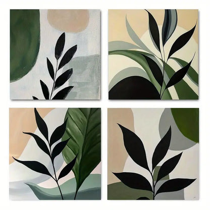 4pcs Abstract Green leaf art Wall Art Canvas Framed