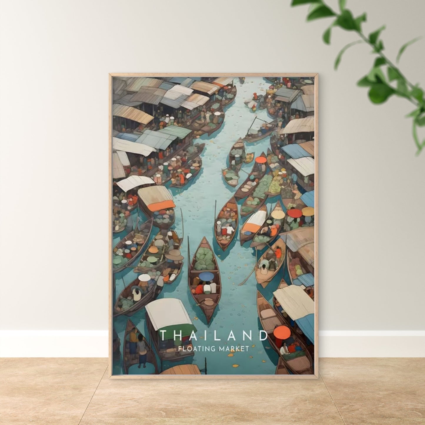 Thailand Floating Market Painting Travel Poster Print Wall Art