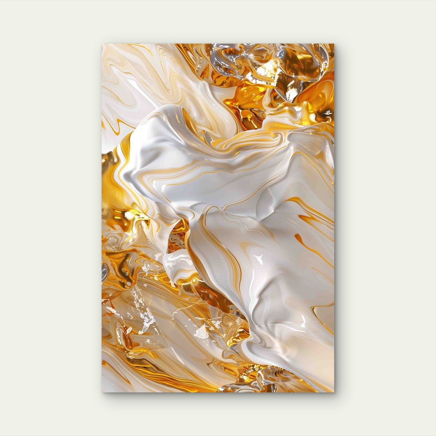 Abstract Gold and White Fluid Metal Print Ready to Hang