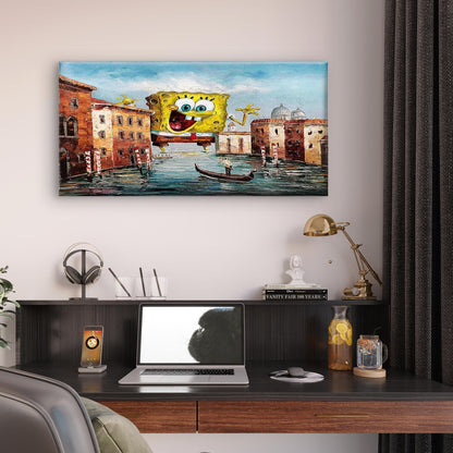 Surreal Cartoon Canal Painting Wall Art Canvas Office Home Room Framed 120x60cm