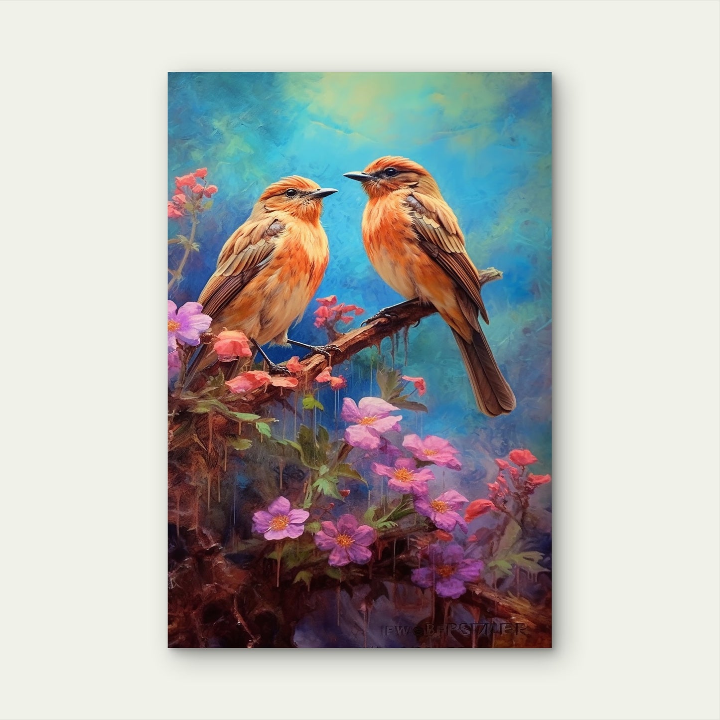 Vibrant Avian Duet Colorful Birds Perched Flowers Artistic Style 40x60cm Metal Print Ready to Hang