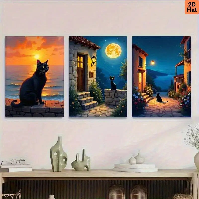 3pcs Black Cat Sunset & Moonlit Village Houses, Metal Print Ready to Hang Art - Bella Home Decor