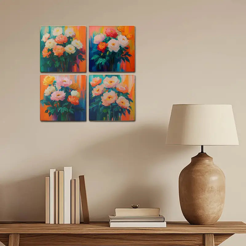 4pcs Soft Pink Flower Bouquet  Wall Art Canvas Framed - Bella Home Decor