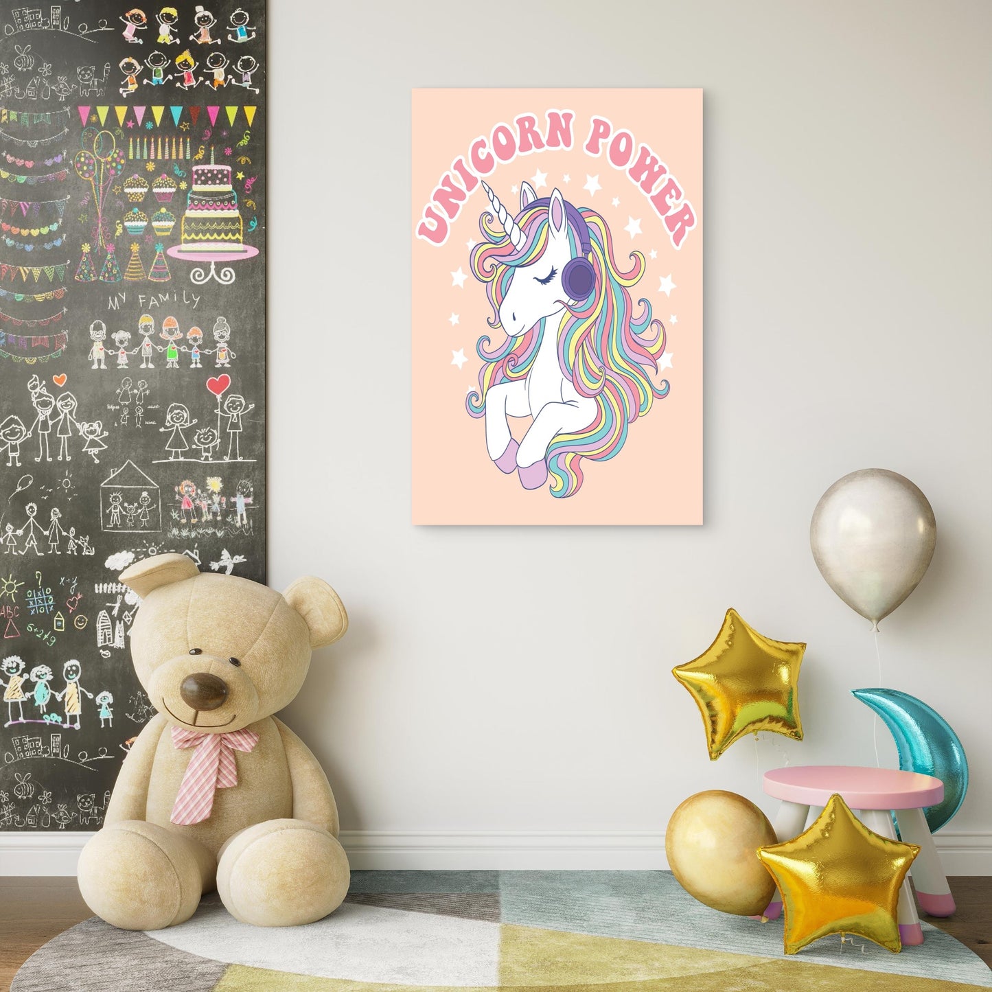 Unicorn Power Rainbow Mane Wearing Headphones 5mm thick Plastic Poster Ready to Hang 90x60cm