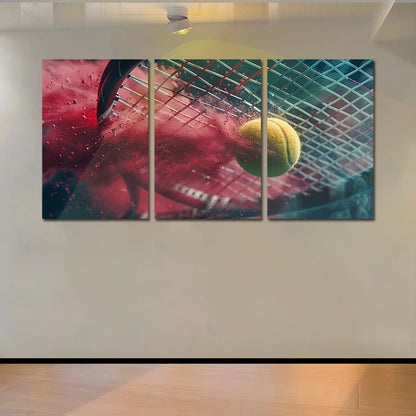 3pcs yellow tennis ball impacting a racket Wall Art Set Canvas Framed 60x90cm - High Quality Print 100% Australian Made Wall Canvas Ready to Hang