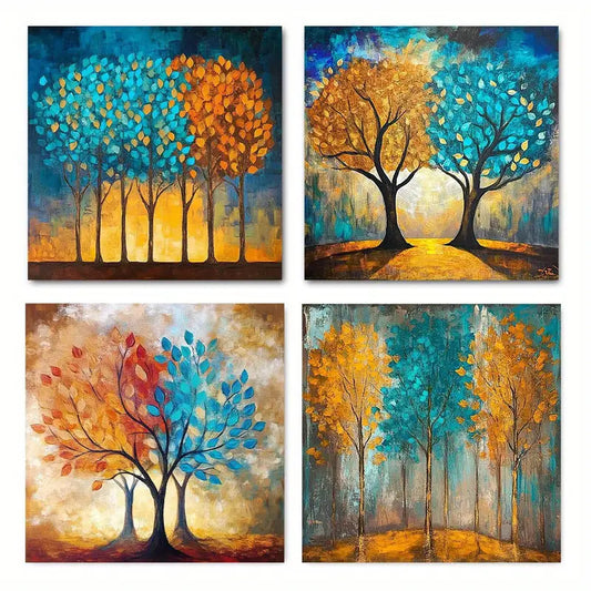 4pcs Tree Teal Blue and Yellow Tre Picture FS Wall Art Canvas Framed