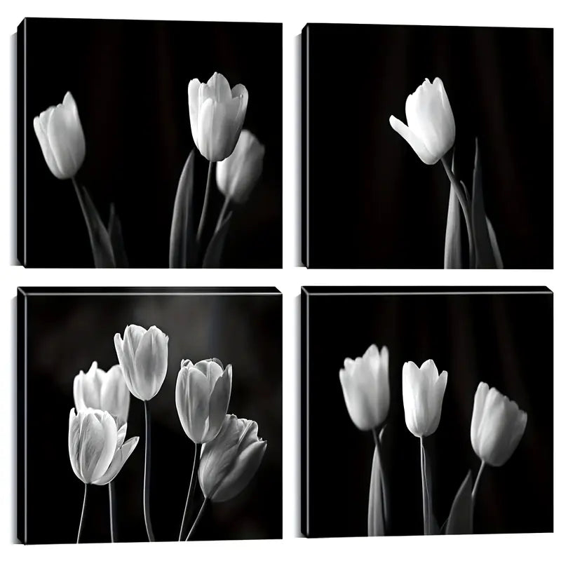 4pcsBlack and White FlowerWall Art Canvas Framed