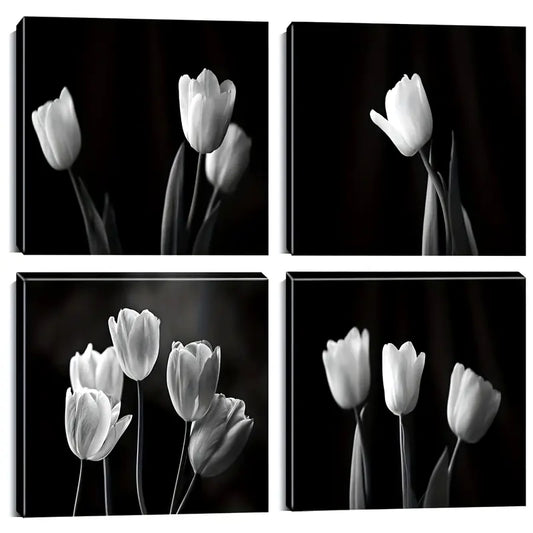 4pcsBlack and White FlowerWall Art Canvas Framed