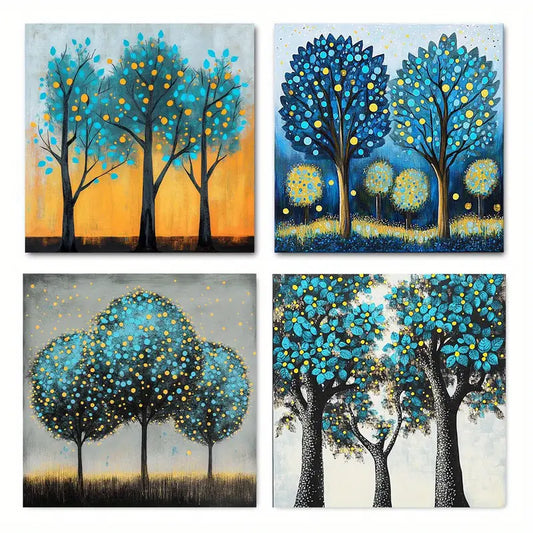 4pcs Blue And Yellow Trees Decoratio Wall Art Canvas Framed