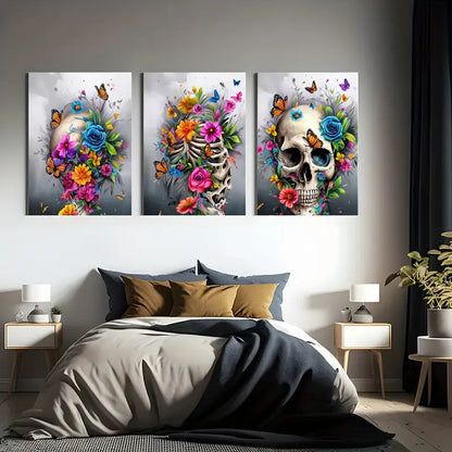 3pcs Skull Art  Vibrant Floral & Butterfly Designs Metal Print Ready to Hang Art