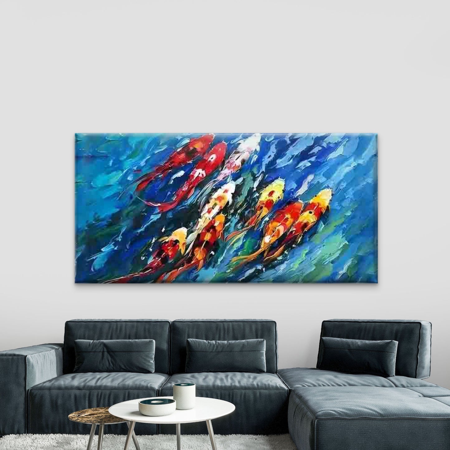 Blue Water Koi Swimming Wall Art Canvas Office Home Room Framed 120x60cm