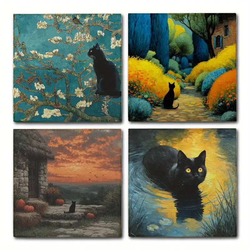 4pcs 4 Unique Orange Tabby Cat Wall Art Canvas Framed