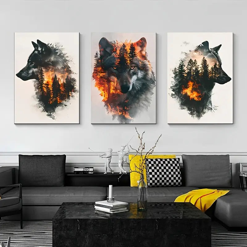 3pcs Wild Forest Wolf Wildfire Painting Metal Print Ready to Hang Art