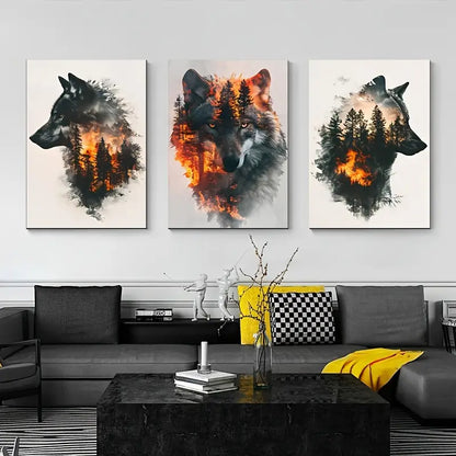 3pcs Wild Forest Wolf Wildfire Painting Metal Print Ready to Hang Art
