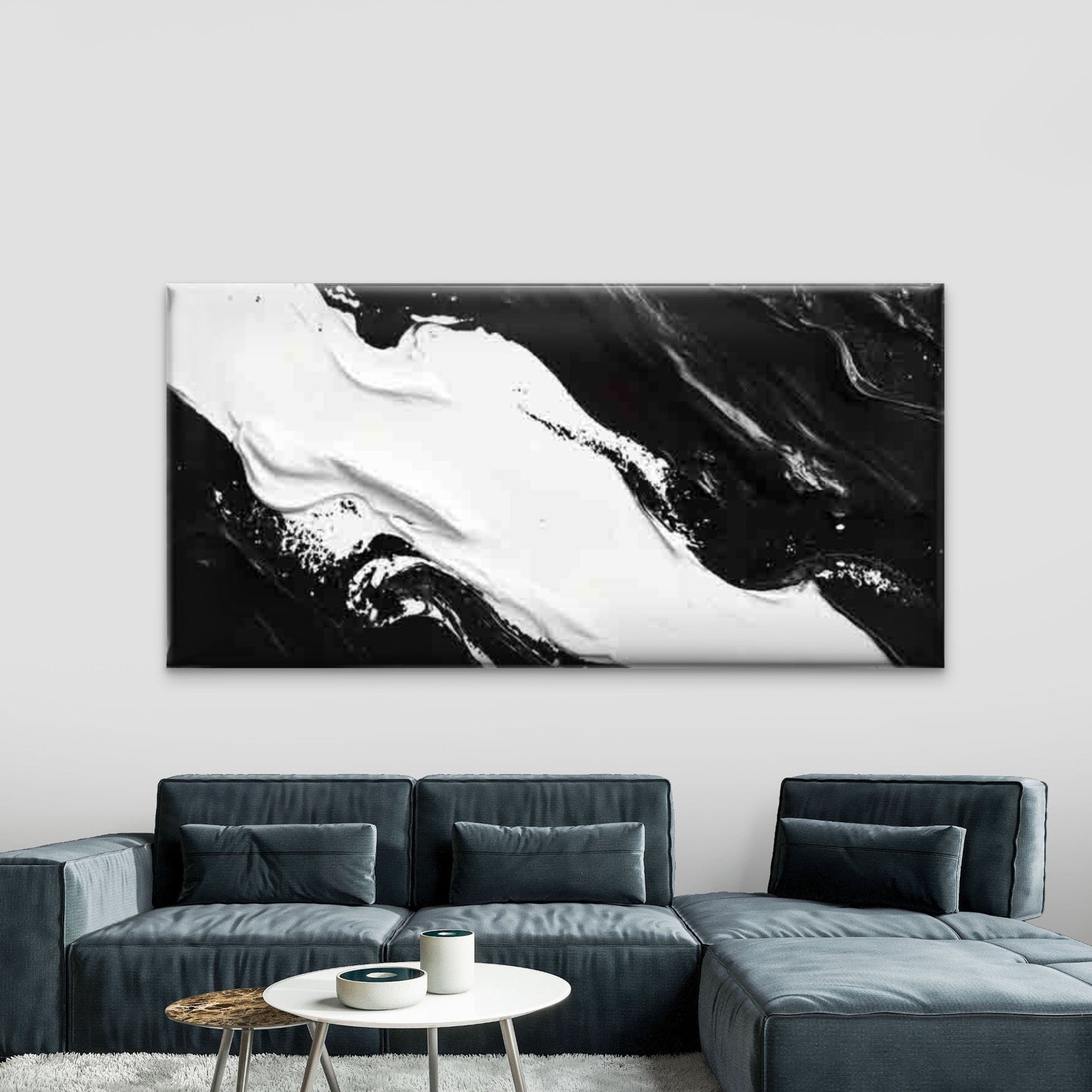 Bold Black & White Waves Design Wall Art Canvas Office Home Room Framed 120x60cm - Bella Home Decor
