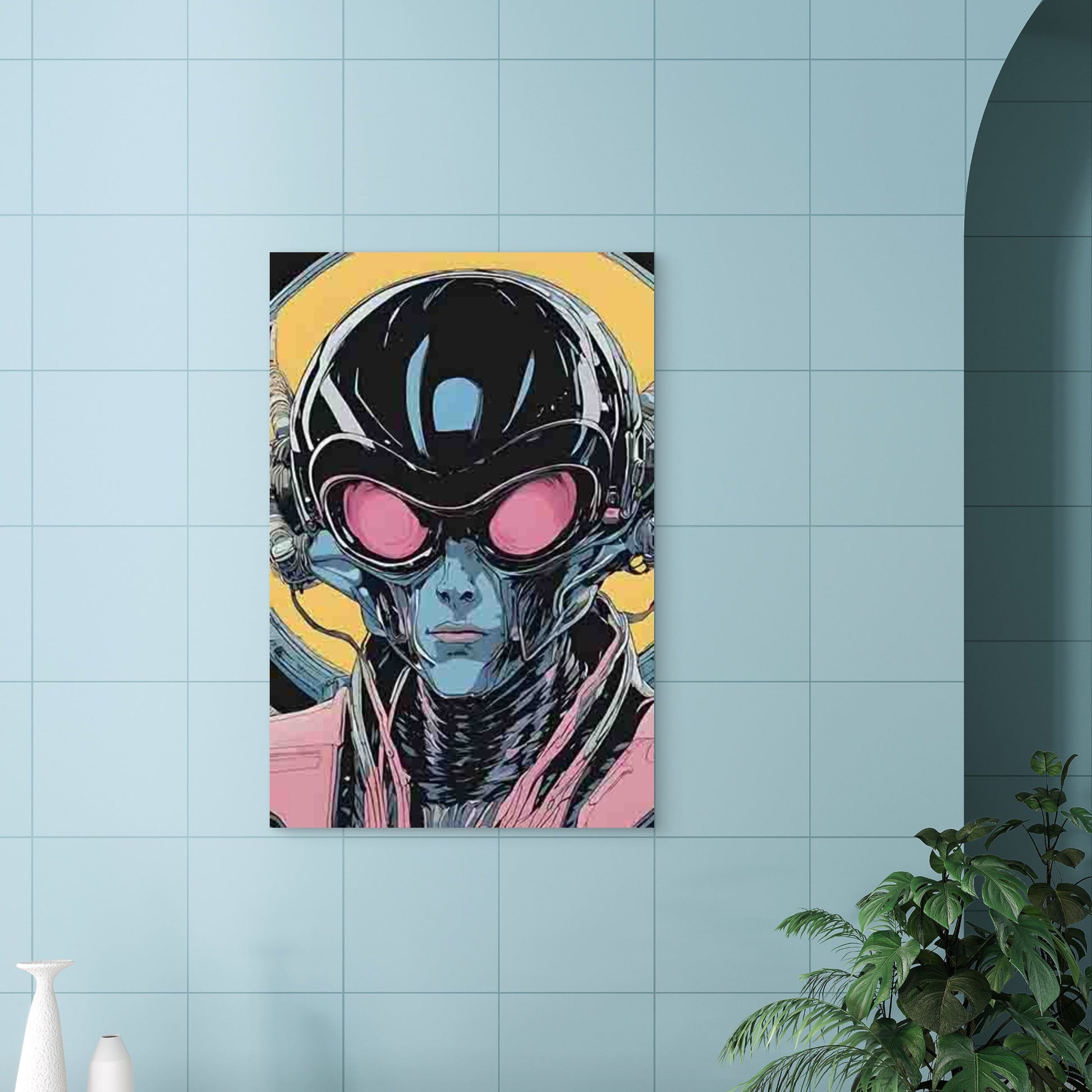 Sci-Fi Style, Black Helmet And Pink Goggles 60x90cm Metal Print Ready to Hang