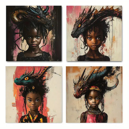 4pcs Modern Graffiti Black Girl Picture Wall Art Canvas Framed