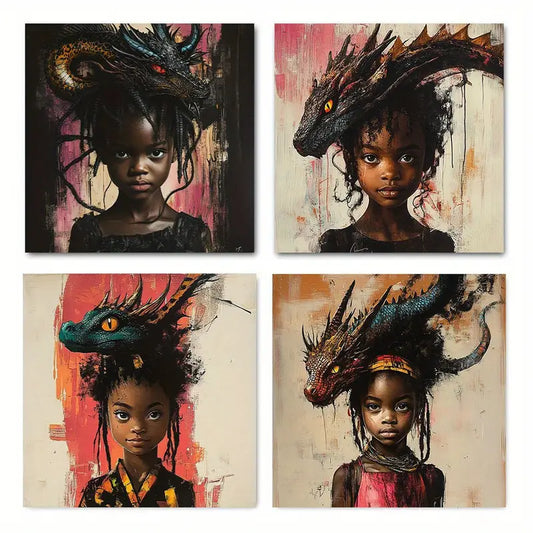 4pcs Modern Graffiti Black Girl Picture Wall Art Canvas Framed