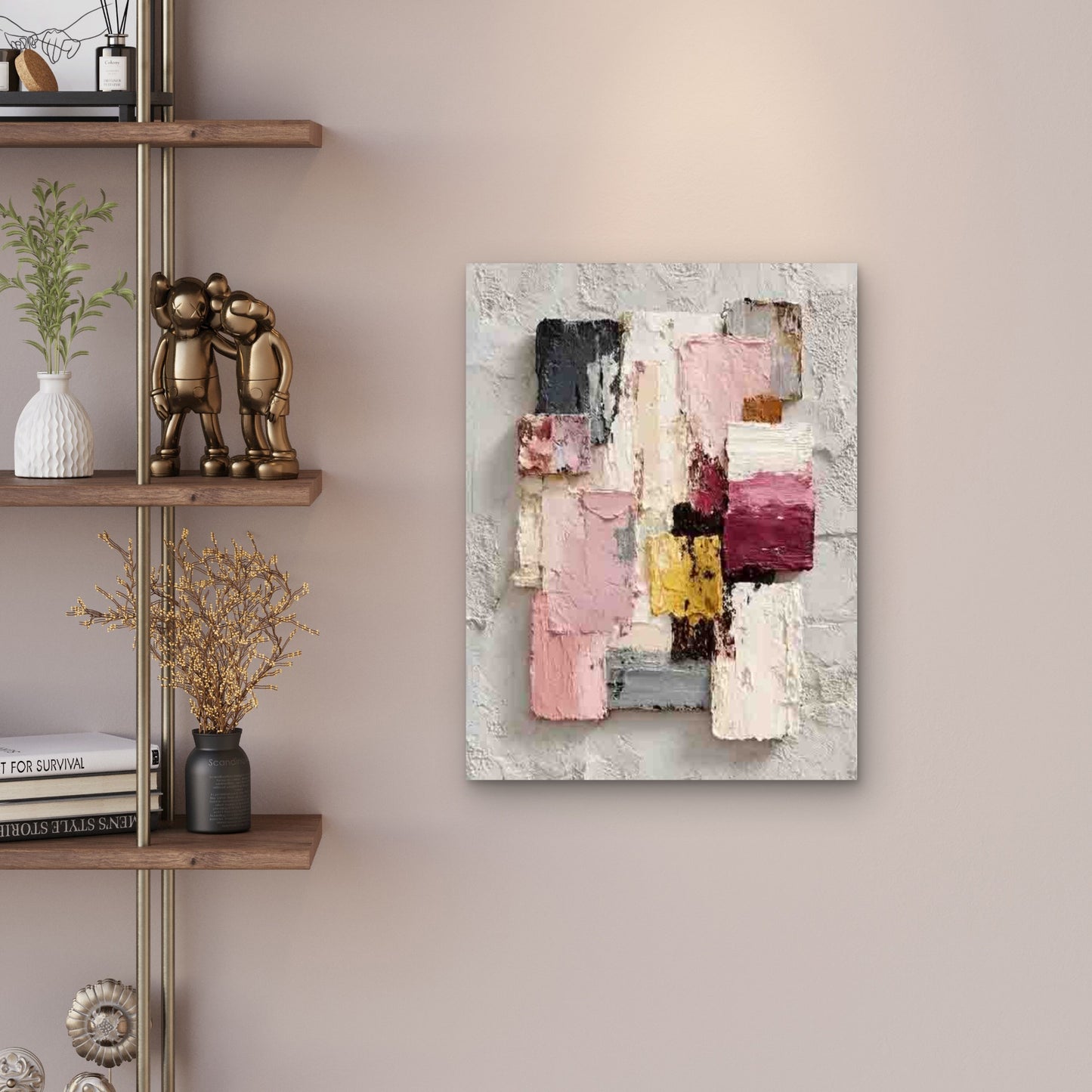 Blush Pink, Pastel Ivory, Abstract Design Metal Print Ready to Hang