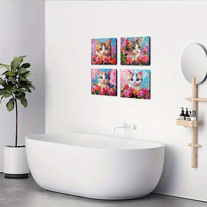 4pcs  Orange cat pink flowers  Wall Art Canvas Framed