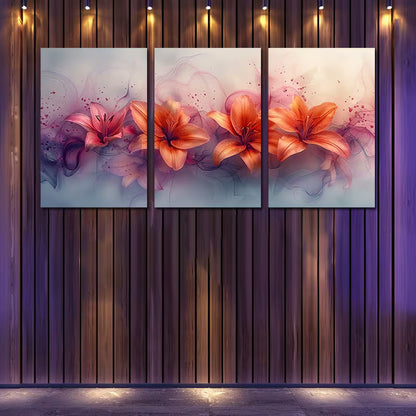3pcs Pink & Orange Flowers with Purple Accents Wall Art Set Canvas Framed 50x70cm - High Quality Print 100% Australian Made Wall Canvas Ready to Hang