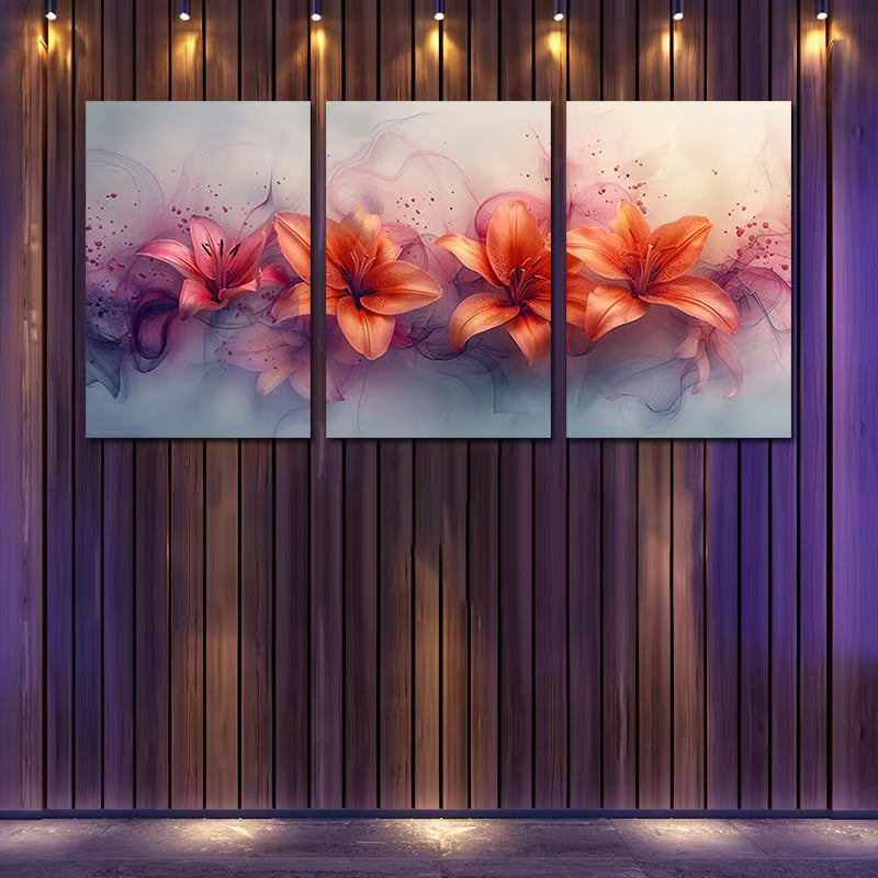 3pcs Pink & Orange Flowers with Purple Accents Wall Art Set Canvas Framed 60x90cm - High Quality Print 100% Australian Made Wall Canvas Ready to Hang