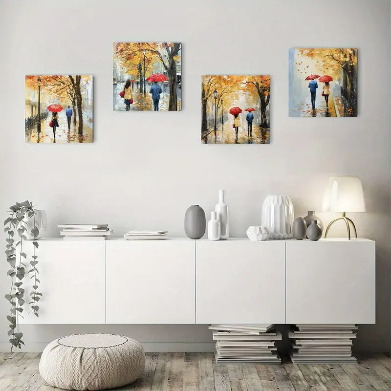 4pcs Fashionable Woman With An Umbrella Wall Art Canvas Framed