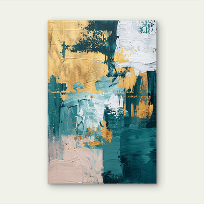 Teal Green Gold Abstract Paint Brush Stroke 40x60cm Metal Print Ready to Hang