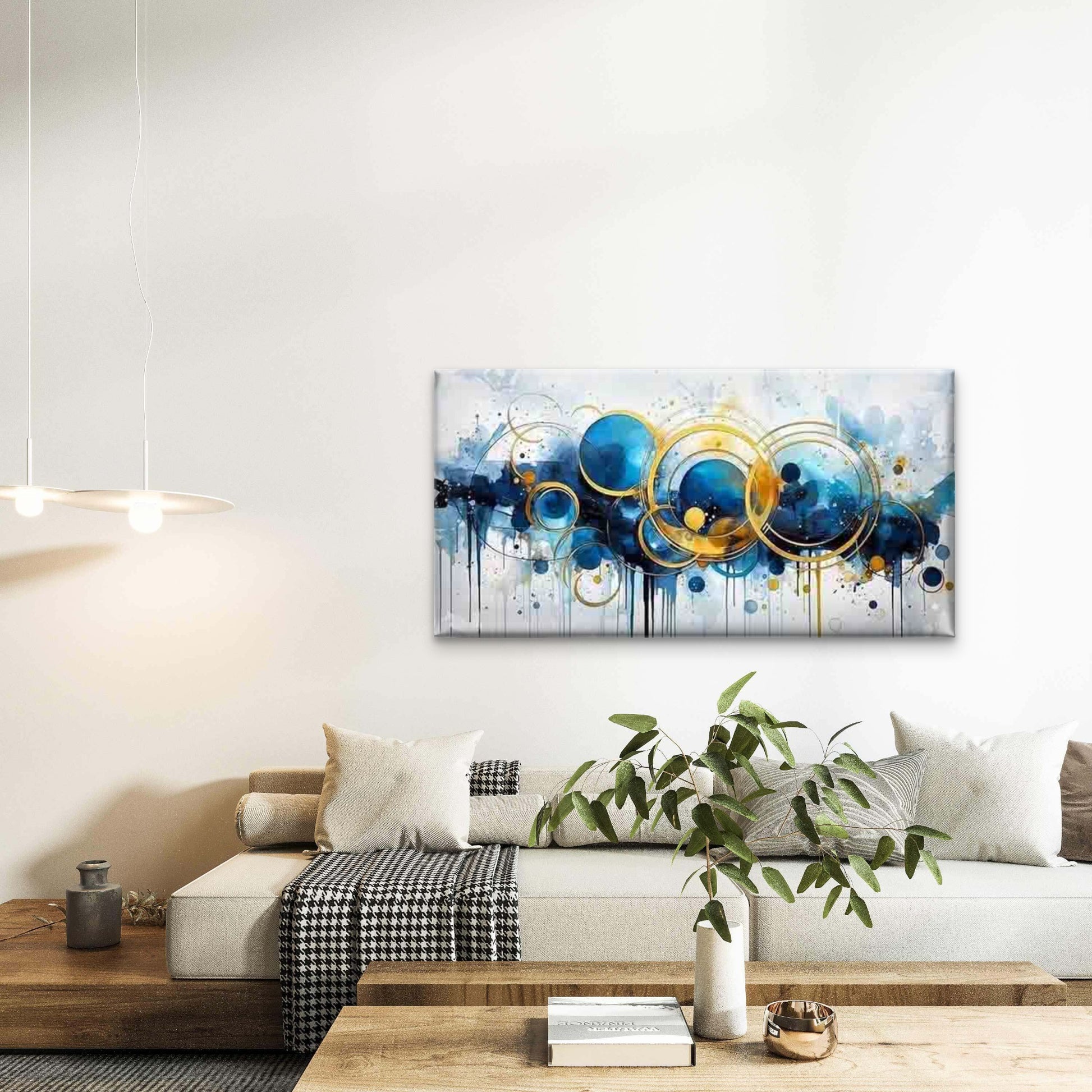 Blue Circles And Golden Lines Wall Art Canvas Office Home Room Framed 120x60cm - Bella Home Decor