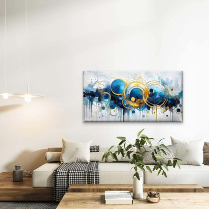 Blue Circles And Golden Lines Wall Art Canvas Office Home Room Framed 120x60cm - Bella Home Decor
