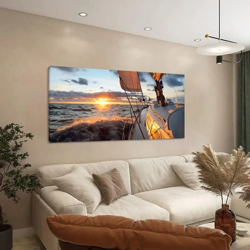Epic Seascape Sailboat Deck Mast & Sails Sunset Wall Art canvas office home room framed 120x60cm - Bella Home Decor