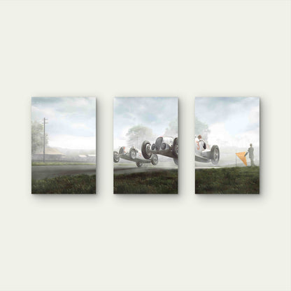 3pcs Vintage 1930s Silver Arrow Racing Car Jump Metal Print Ready to Hang Art