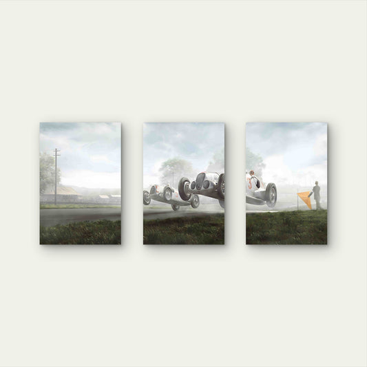 3pcs Vintage 1930s Silver Arrow Racing Car Jump Metal Print Ready to Hang Art