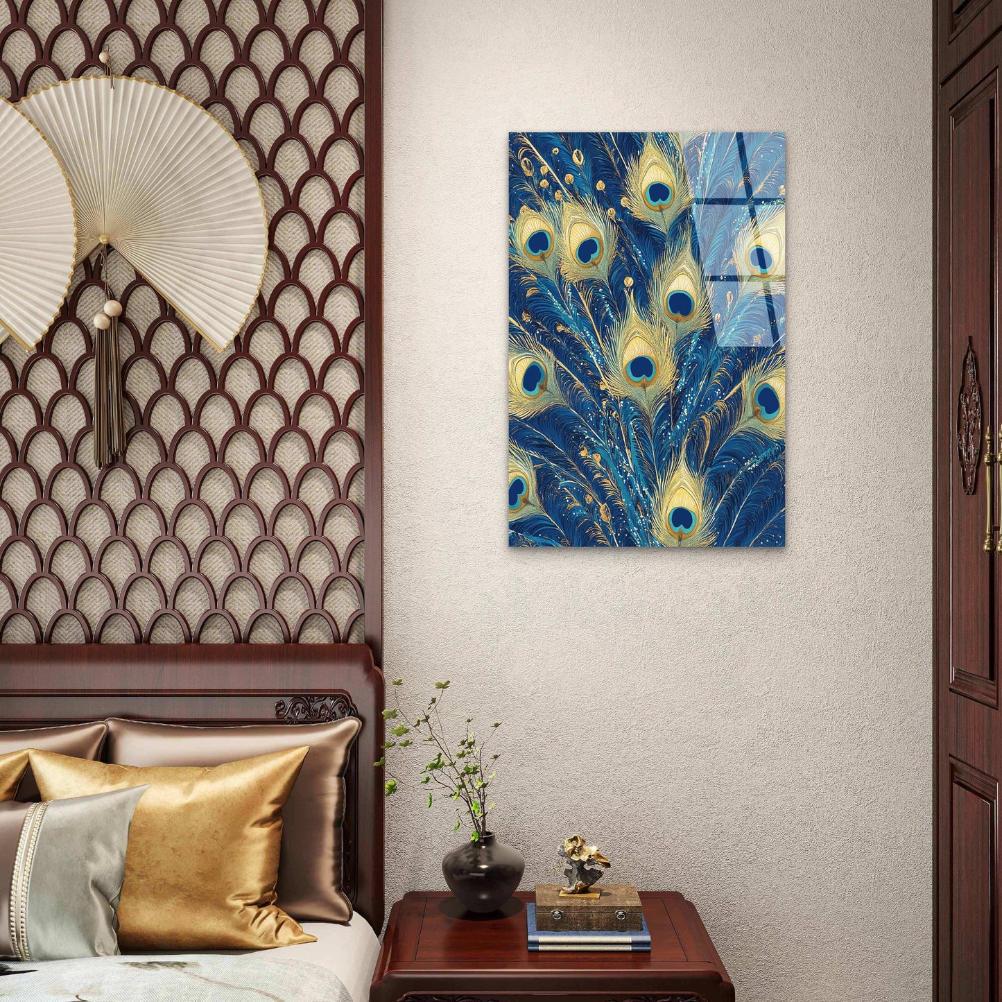 Royal Blue Gold Peacock Feather Acrylic Glass Printing Wall Art Australian Made Quality