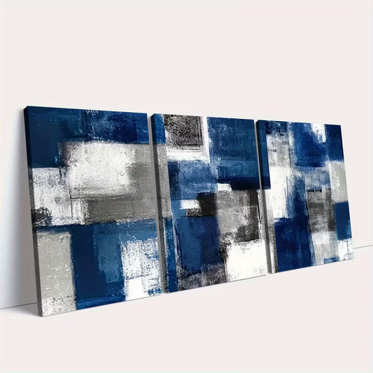 3pcs Navy Blue White Gray Black Beige Abstract Wall Art Set Canvas Framed 40x60cm - High Quality Print 100% Australian Made Wall Canvas Ready to Hang