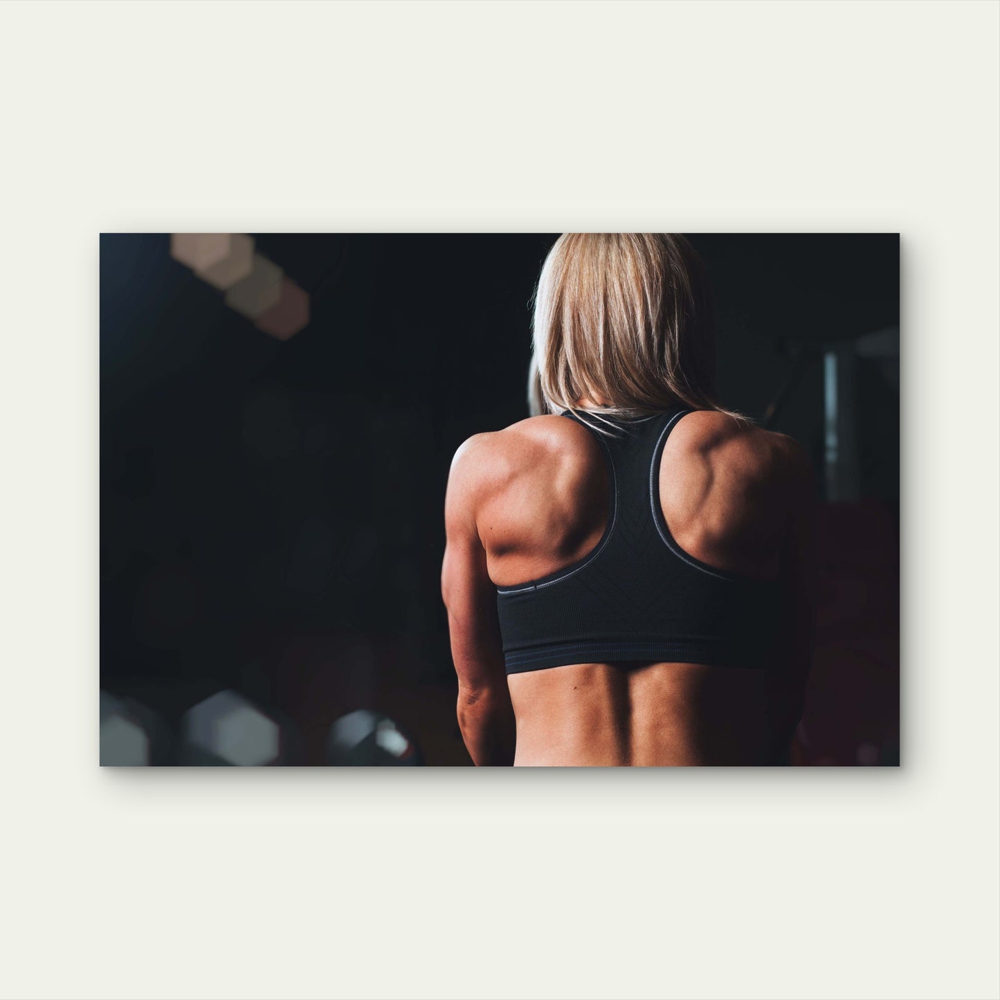 Muscular Back View Fit Blonde Woman Gym Workout 5mm thick Plastic Poster Ready to Hang 90x60cm