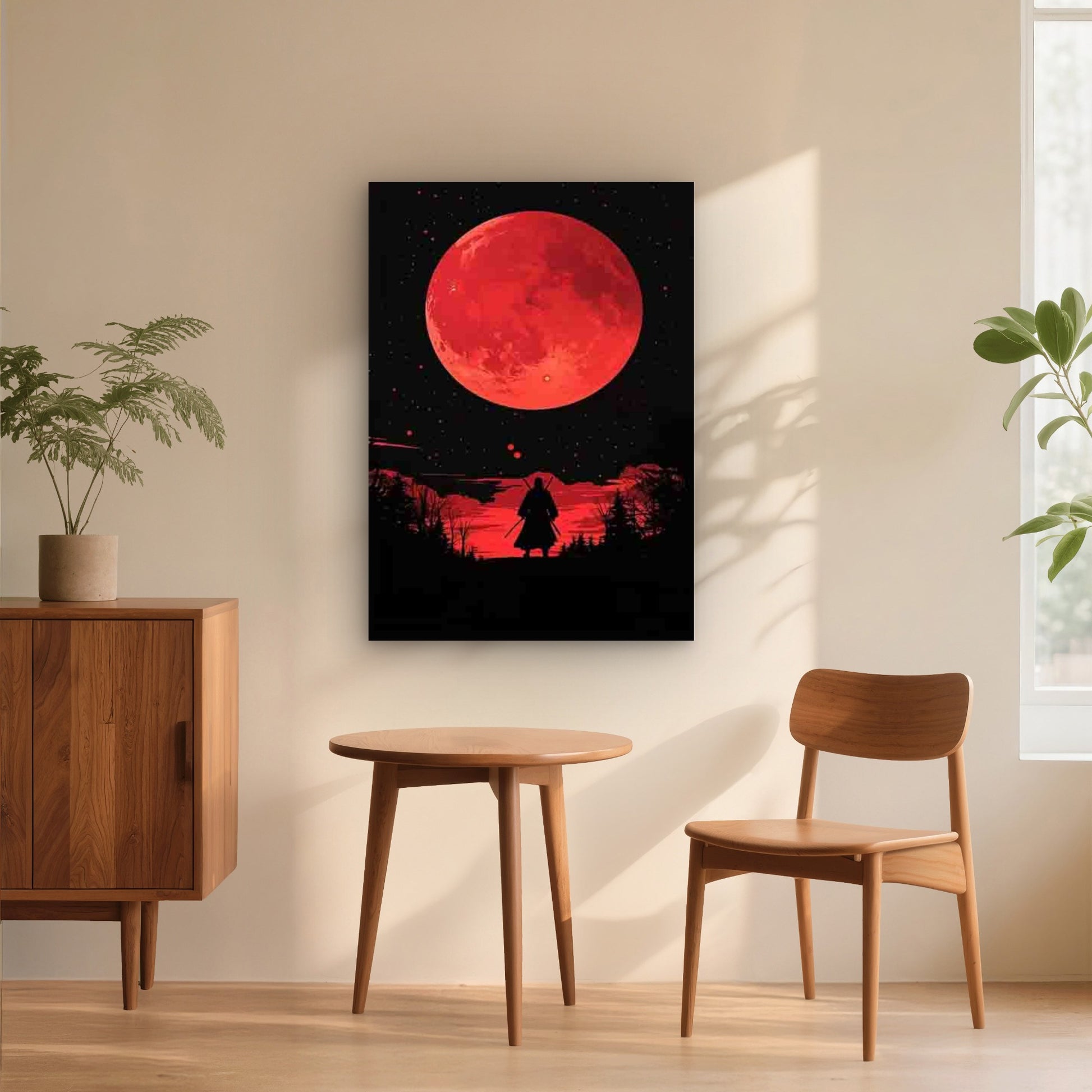 Samurai Silhouette Under Red Full Moon 60x90cm Metal Print Ready to Hang - Bella Home Decor