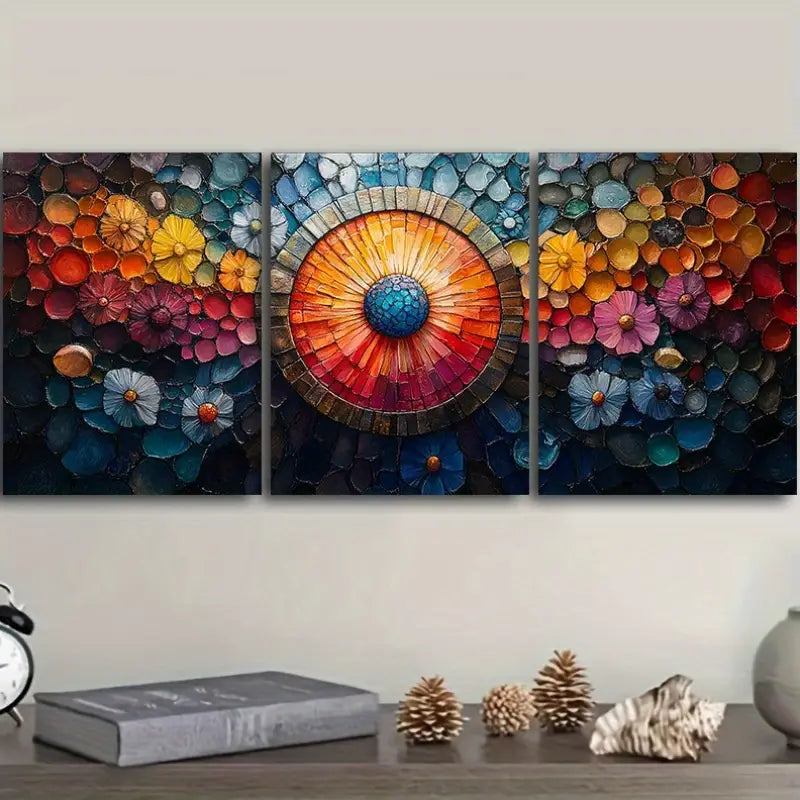 3pcs Colorful Floral & Geometric Design Metal Print Ready to Hang Art - Bella Home Decor