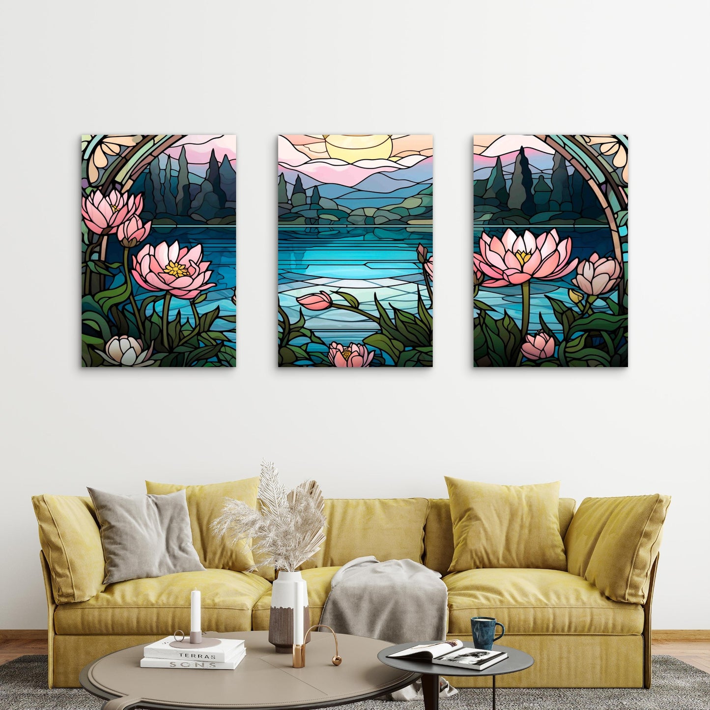 3pcs Pink Lotus Lake Mountain Metal Print Ready to Hang Art